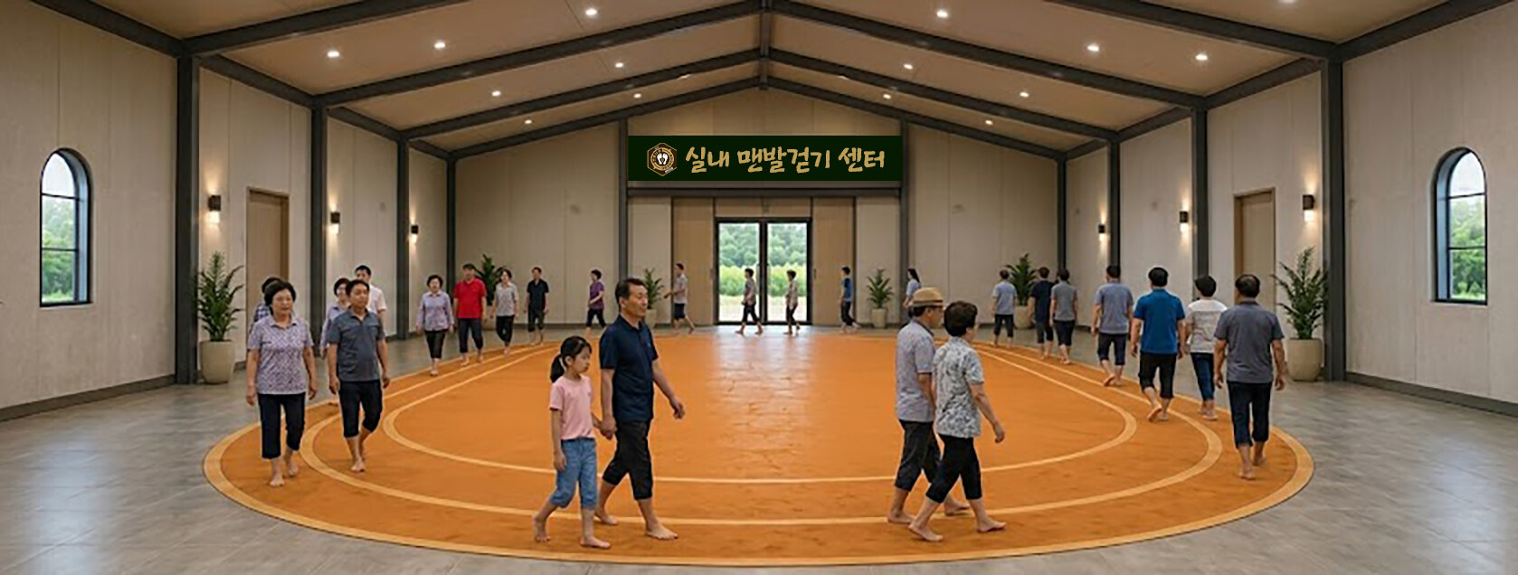 실내 맨발걷기 센터 — 비와 눈을 피해 사계절 온 가족이 맨발로 걷는 원형 황톳길 트랙